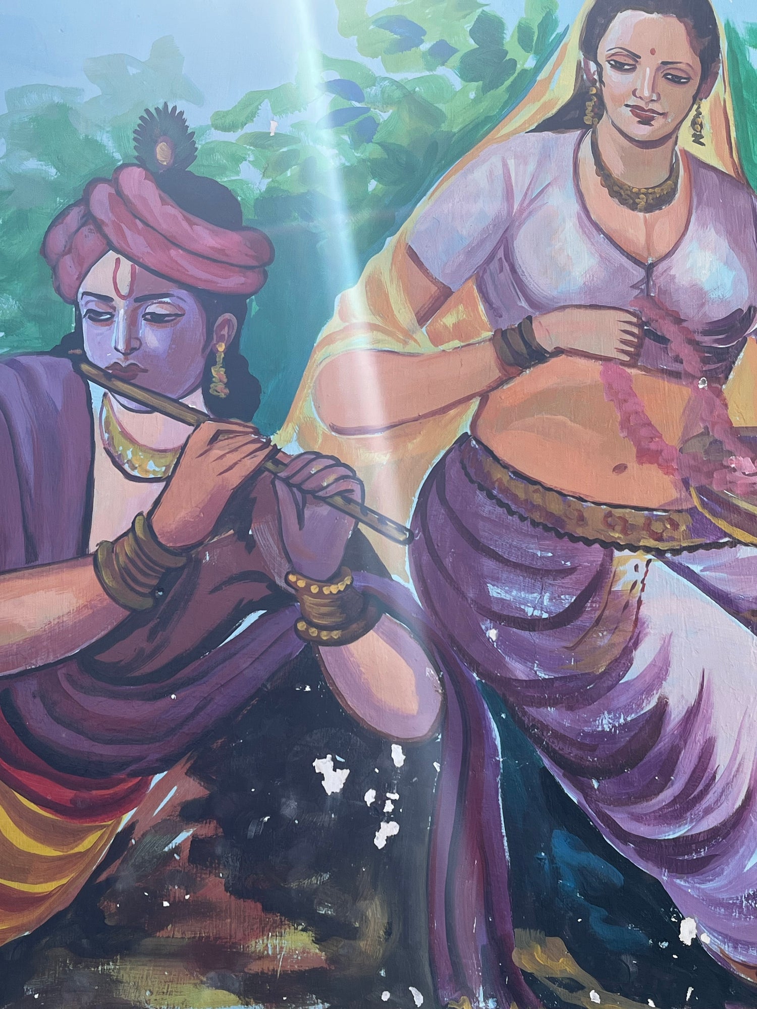 A painted scene showing two figures in purple and pink garments with green foliage and dark blue background elements, rendered in a painterly, stylized style.
